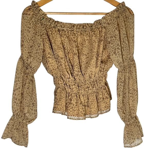 WAYF Portola Off Shoulder Long Sleeve Top Tan Cheetah M - Picture 2 of 4